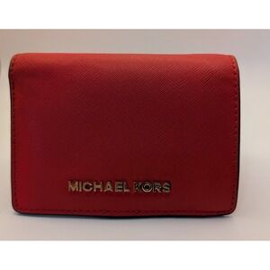 Michael Kors Red Saffiano Leather Trifold Wallet Card Holder Coin‎ Purse